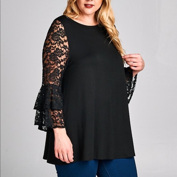 PLUS SIZE black jersey tunic w Lace bell sleeves - Picture 3 of 5